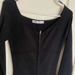 ZARA Black Ribbed Midi Long Sleeve Dress